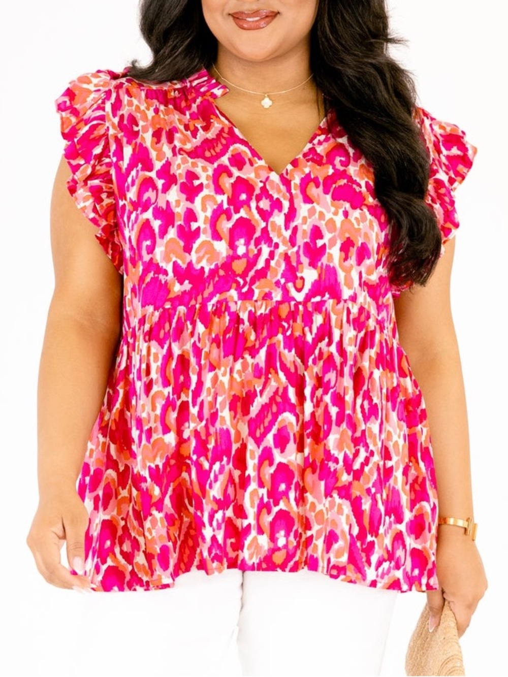 Entro Pink Abstract Print Ruffle Sleeve Blouse 1X NWT